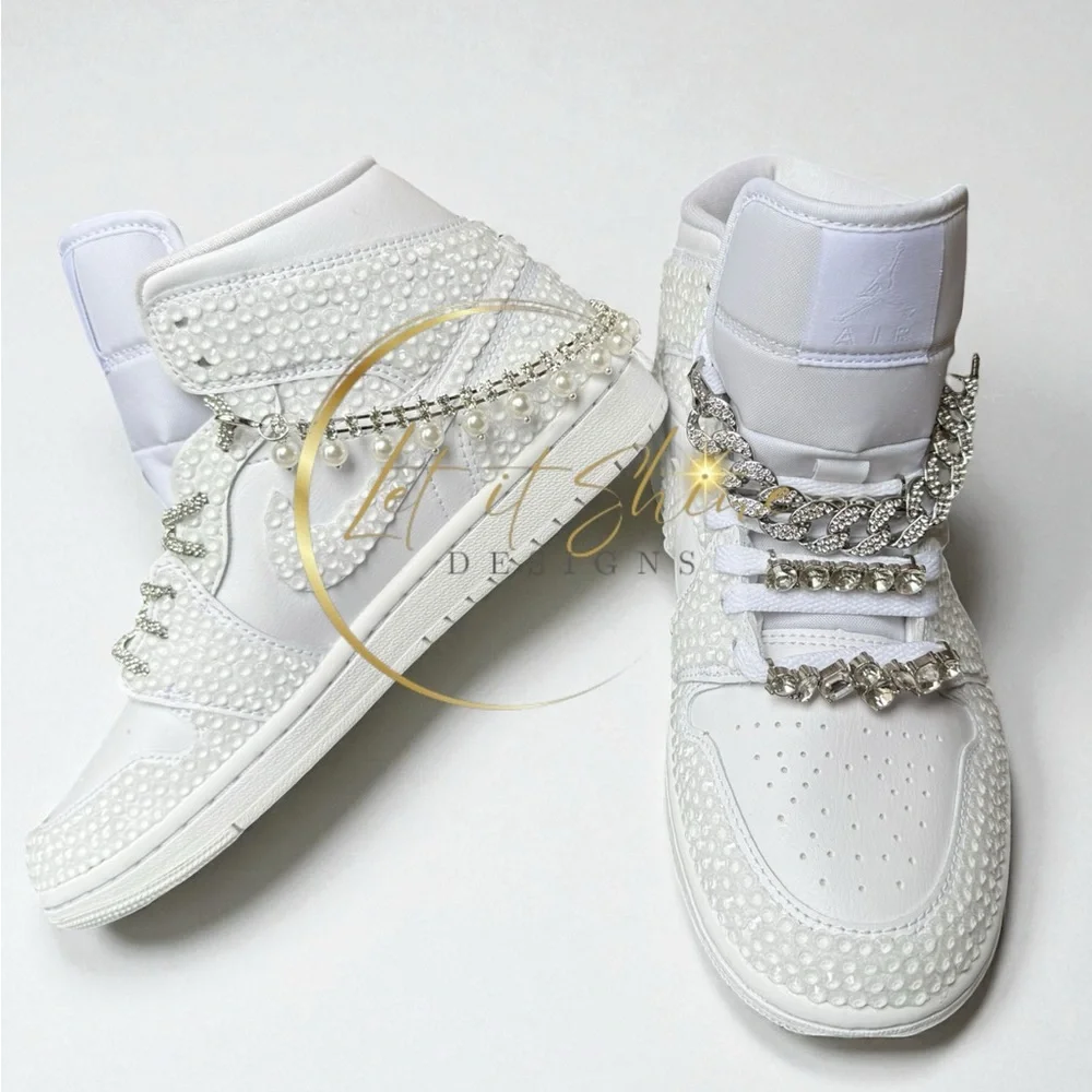 White Bling Wedding Jordan 1 Mid Custom Rhinestone Sneakers - Picture 1 of 12